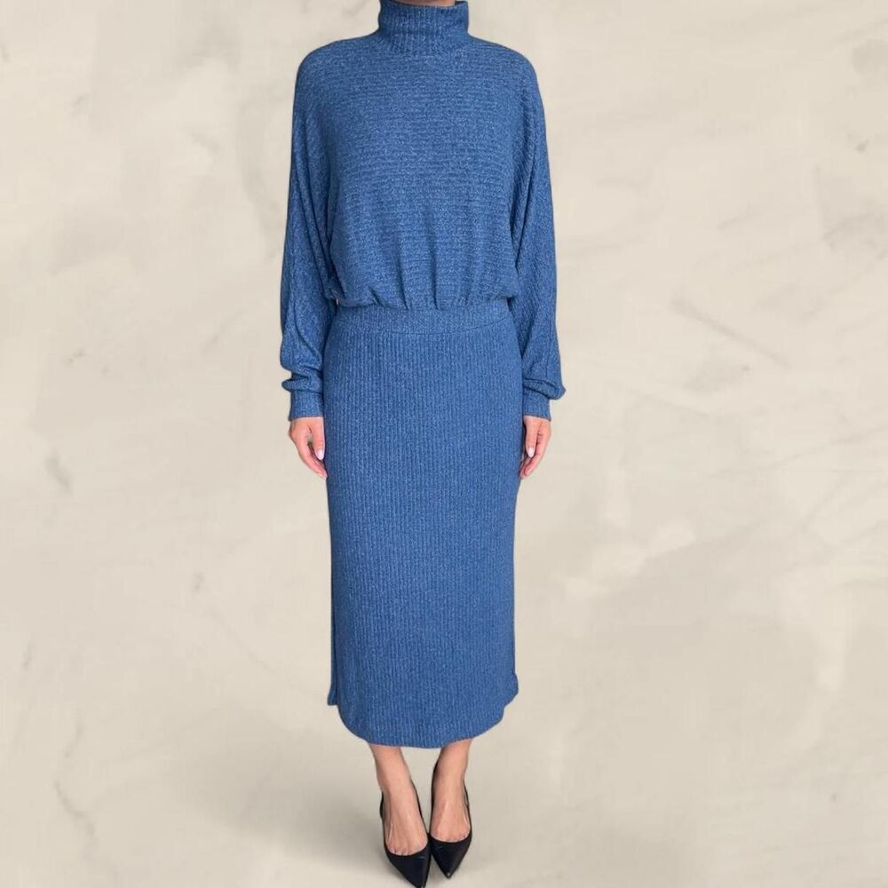 Anthropologie Blue Ribbed Knit Maxi sweater Dress size small Mariah